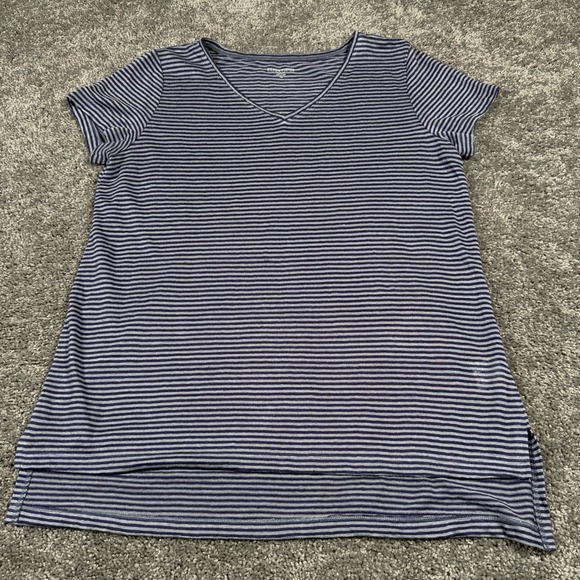 Eileen Fisher T Shirt Women's Petite PS Blue Stripe V-Neck Top Organic Linen - Picture 2 of 7
